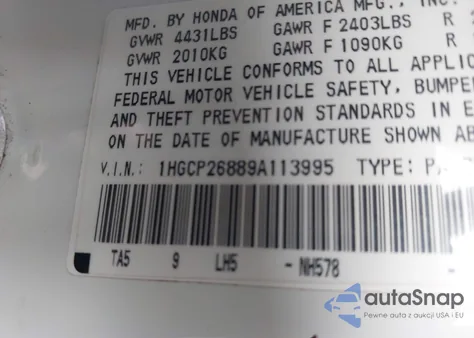 2009 Honda Accord Exl z USA, uszkodzony, nr VIN 1HGCP26889A113995